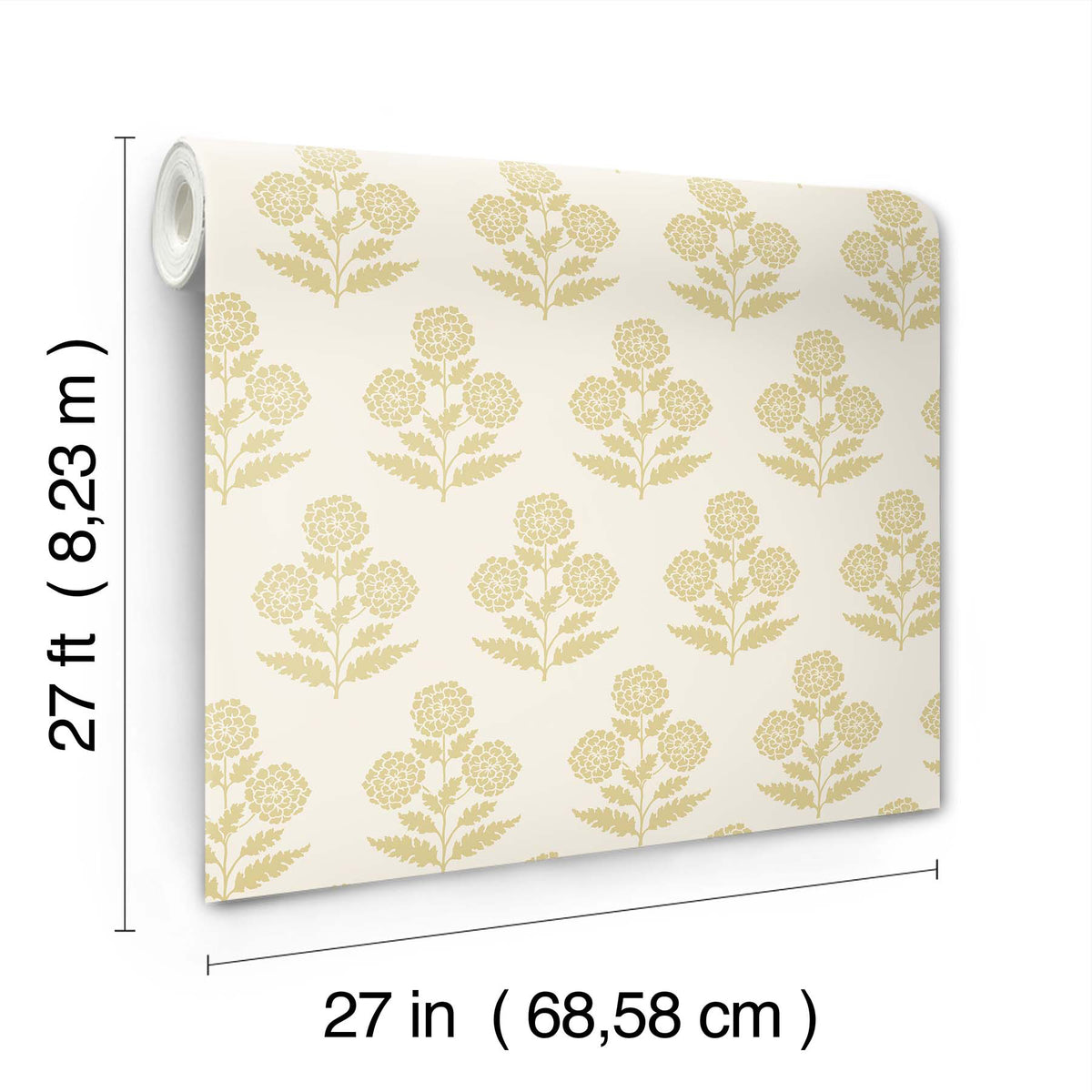 The Souci Marigolds Wallpaper by York Wallcoverings is shown, featuring a yellow floral pattern. The dimensions are labeled: 27 feet (8.23 m) long and 27 inches (68.58 cm) wide.