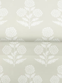 Souci Marigolds Wallpaper by York Wallcoverings features a light grey background with a repeating white floral pattern of detailed flowers and leaves arranged in rows. A visible seam runs horizontally through the center of the image.