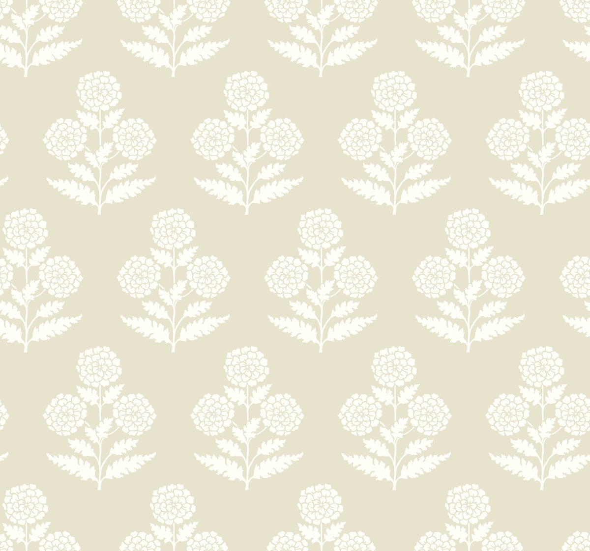 Featuring a beige background, the Souci Marigolds Wallpaper by York Wallcoverings showcases a repeating pattern of white floral motifs with clusters of round marigold blooms and leafy stems, creating a soft, vintage wallpaper effect.