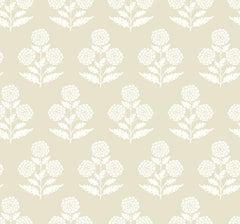 Featuring a beige background, the Souci Marigolds Wallpaper by York Wallcoverings showcases a repeating pattern of white floral motifs with clusters of round marigold blooms and leafy stems, creating a soft, vintage wallpaper effect.