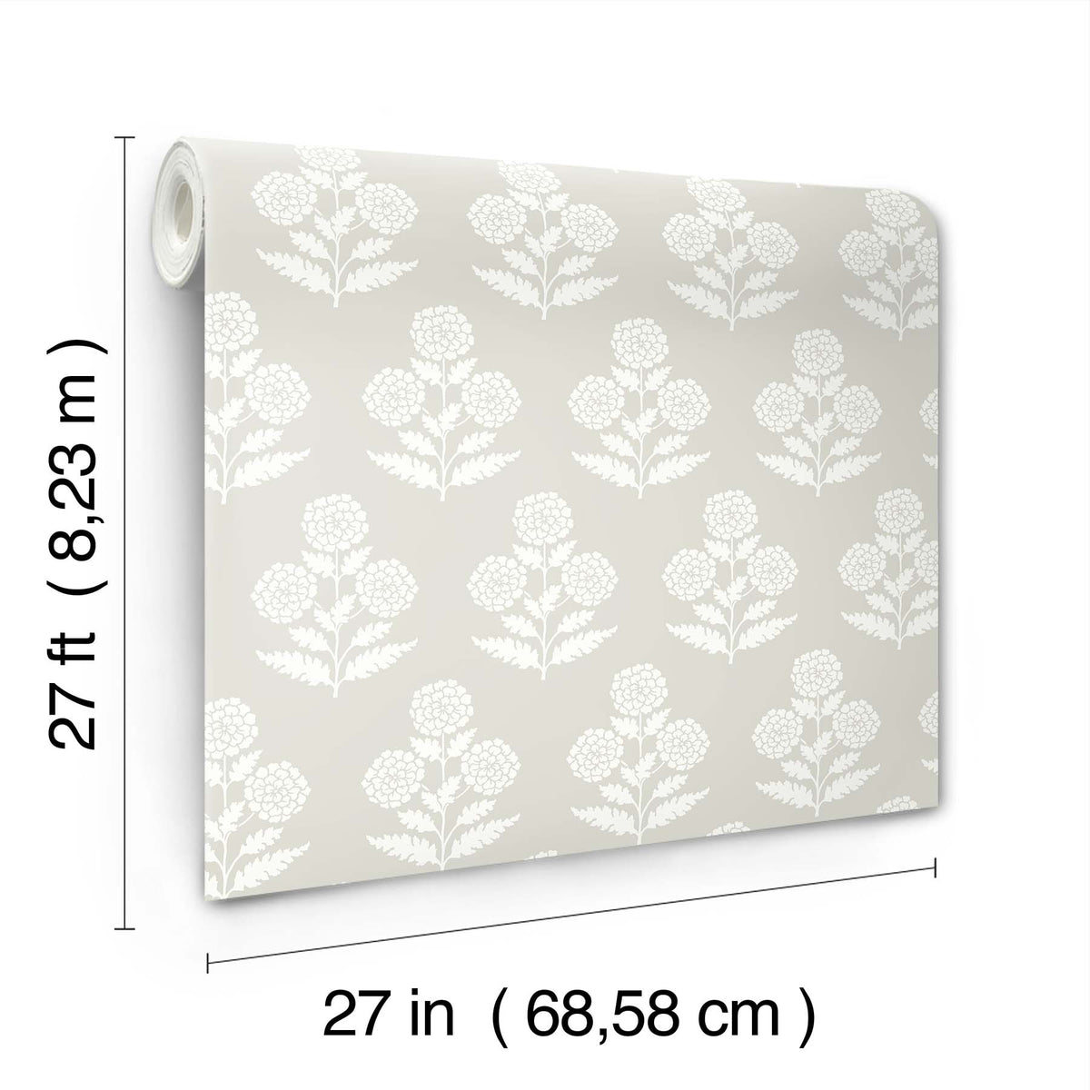 A roll of Souci Marigolds Wallpaper by York Wallcoverings in beige, featuring a white floral pattern. Each roll measures 27 feet (8.23 meters) long and 27 inches (68.58 centimeters) wide.
