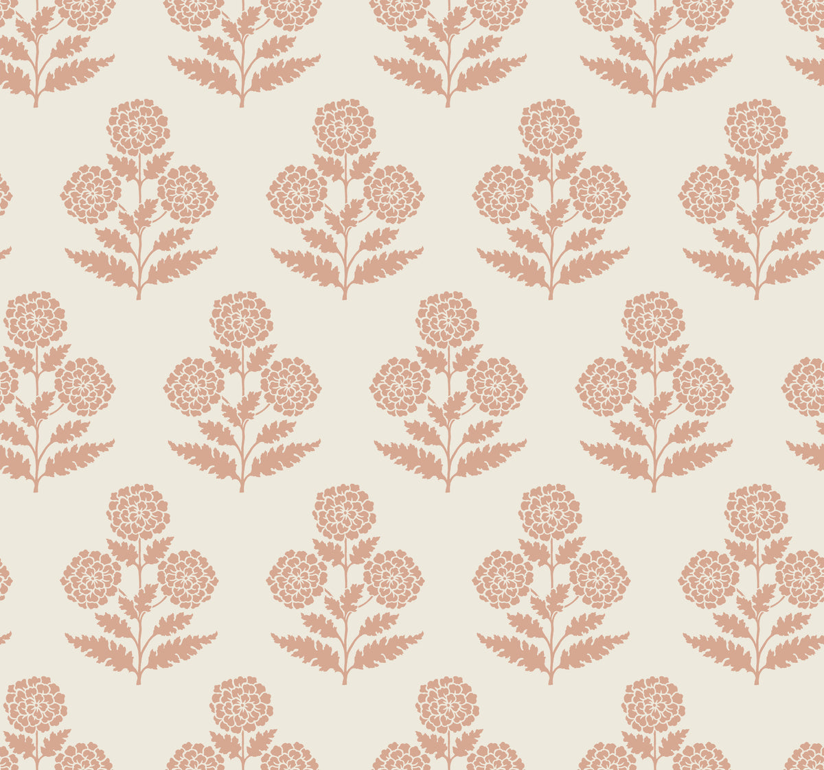 Souci Marigolds Wallpaper by York Wallcoverings features a seamless pattern of stylized, symmetrical pink marigold flowers with leaves, arranged in evenly spaced rows and columns on a light beige background.