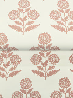 The Souci Marigolds Wallpaper by York Wallcoverings features a cream-colored background adorned with a repeating pattern of pink, stylized floral motifs showcasing symmetrical leaves and round blossoms.