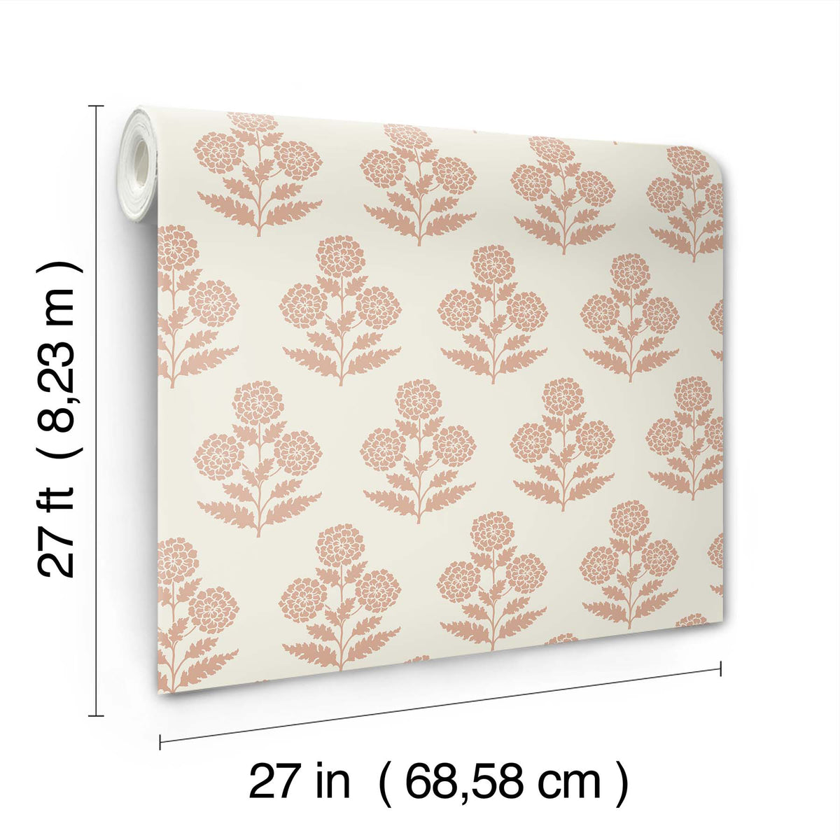 Souci Marigolds Wallpaper by York Wallcoverings features a repeating floral pattern in light red on a cream background. Each roll measures 27 feet (8.23 m) in length and 27 inches (68.58 cm) in width.