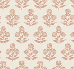 Souci Marigolds Wallpaper by York Wallcoverings features a seamless pattern of stylized, symmetrical peach floral motifs with stems and leaves on a light cream background, repeating evenly across the design.