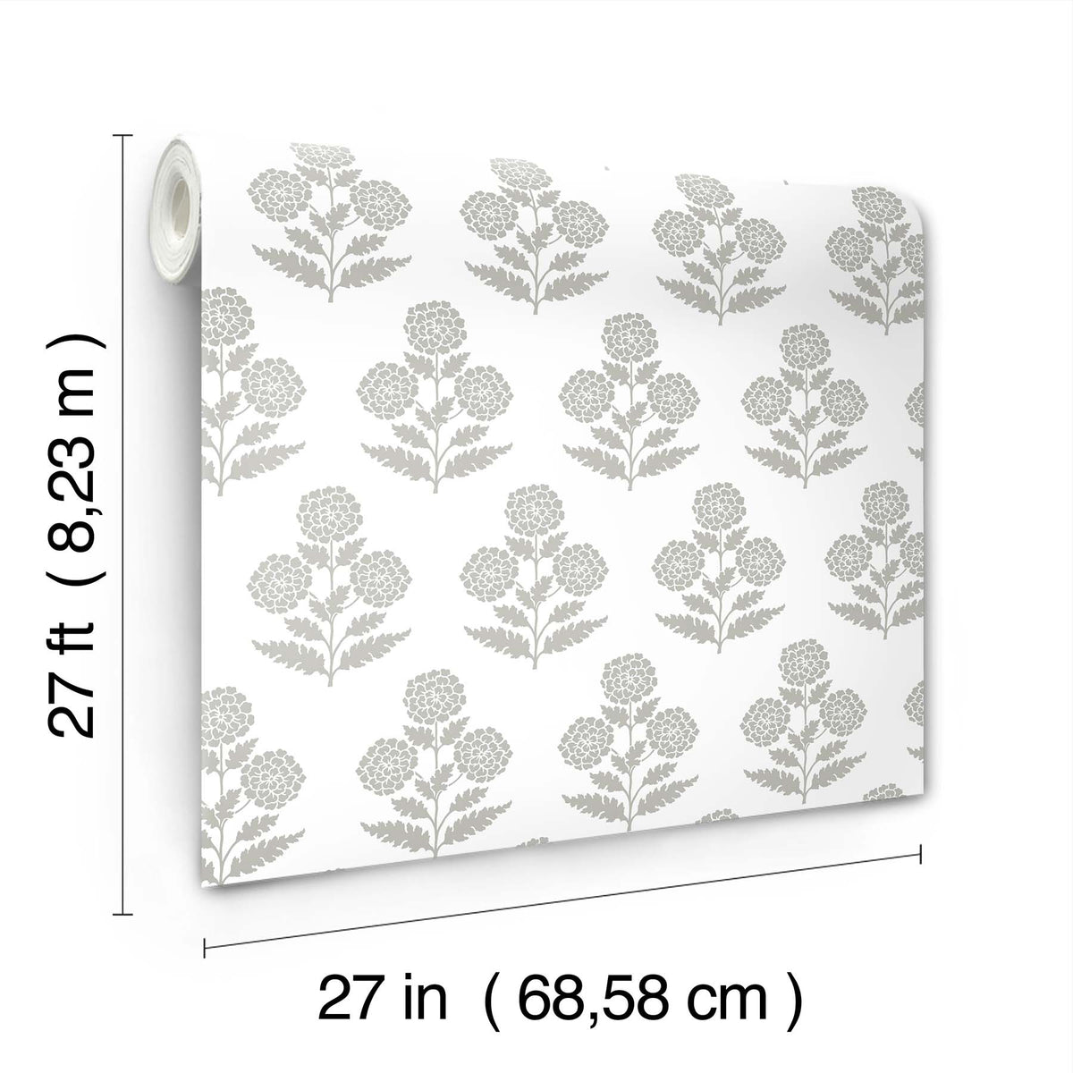 A roll of Souci Marigolds Wallpaper by York Wallcoverings, featuring a repeating gray floral pattern on a white background, measures 27 feet in length and 27 inches (68.58 cm) in width.