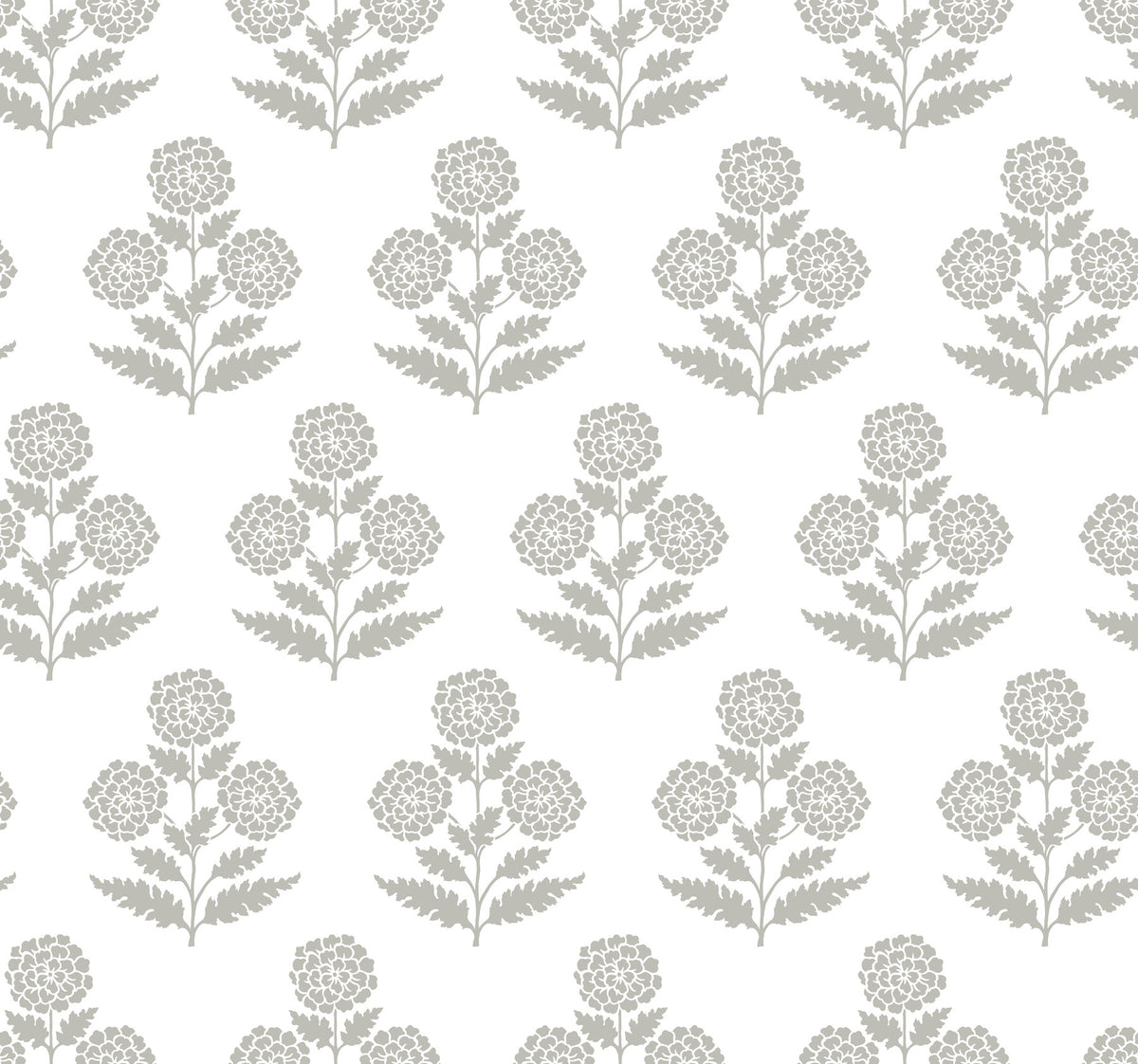Introducing the Souci Marigolds Wallpaper by York Wallcoverings, featuring a repeating pattern of stylized gray marigold clusters and leaves set against a white background. The upright floral motifs are evenly spaced and arranged in a regular grid for a harmonious, balanced look.