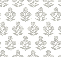Introducing the Souci Marigolds Wallpaper by York Wallcoverings, featuring a repeating pattern of stylized gray marigold clusters and leaves set against a white background. The upright floral motifs are evenly spaced and arranged in a regular grid for a harmonious, balanced look.
