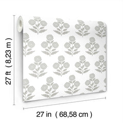 A roll of Souci Marigolds Wallpaper by York Wallcoverings with a gray floral pattern is unrolled, displaying dimensions of 27 feet (8.23 m) in length and 27 inches (68.58 cm) in width.