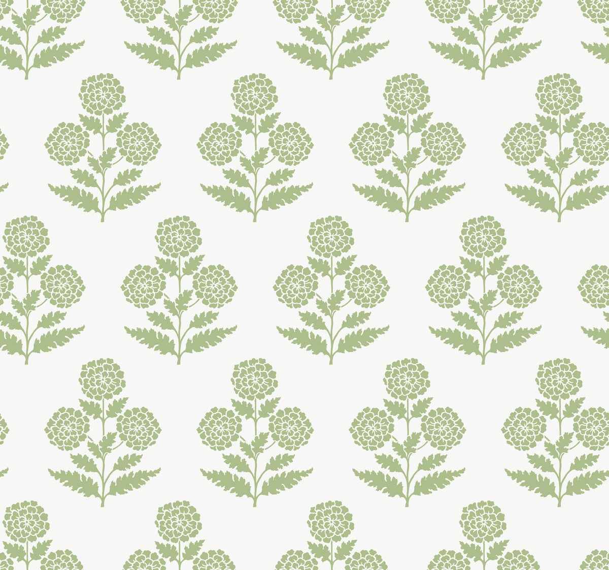 Souci Marigolds Wallpaper by York Wallcoverings features a repeating pattern of stylized green floral bouquets with rounded blossoms and fern-like leaves, evenly spaced on a white background.