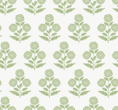 Souci Marigolds Wallpaper by York Wallcoverings features a seamless pattern of green, stylized floral motifs with three round marigold clusters and leafy stems, evenly spaced on a white background.