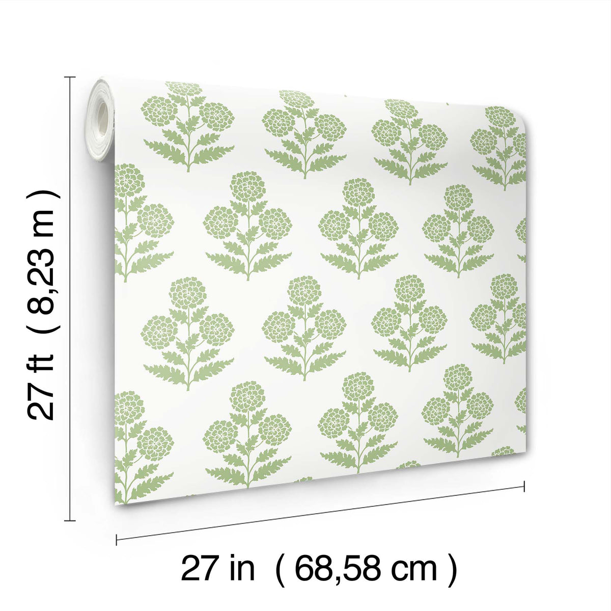 The Souci Marigolds Wallpaper by York Wallcoverings features a green floral pattern on a white background and comes in rolls measuring 27 feet (8.23 m) long and 27 inches (68.58 cm) wide.