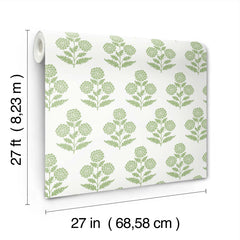 The Souci Marigolds Wallpaper by York Wallcoverings features a green floral pattern on a white background and comes in rolls measuring 27 feet (8.23 m) long and 27 inches (68.58 cm) wide.