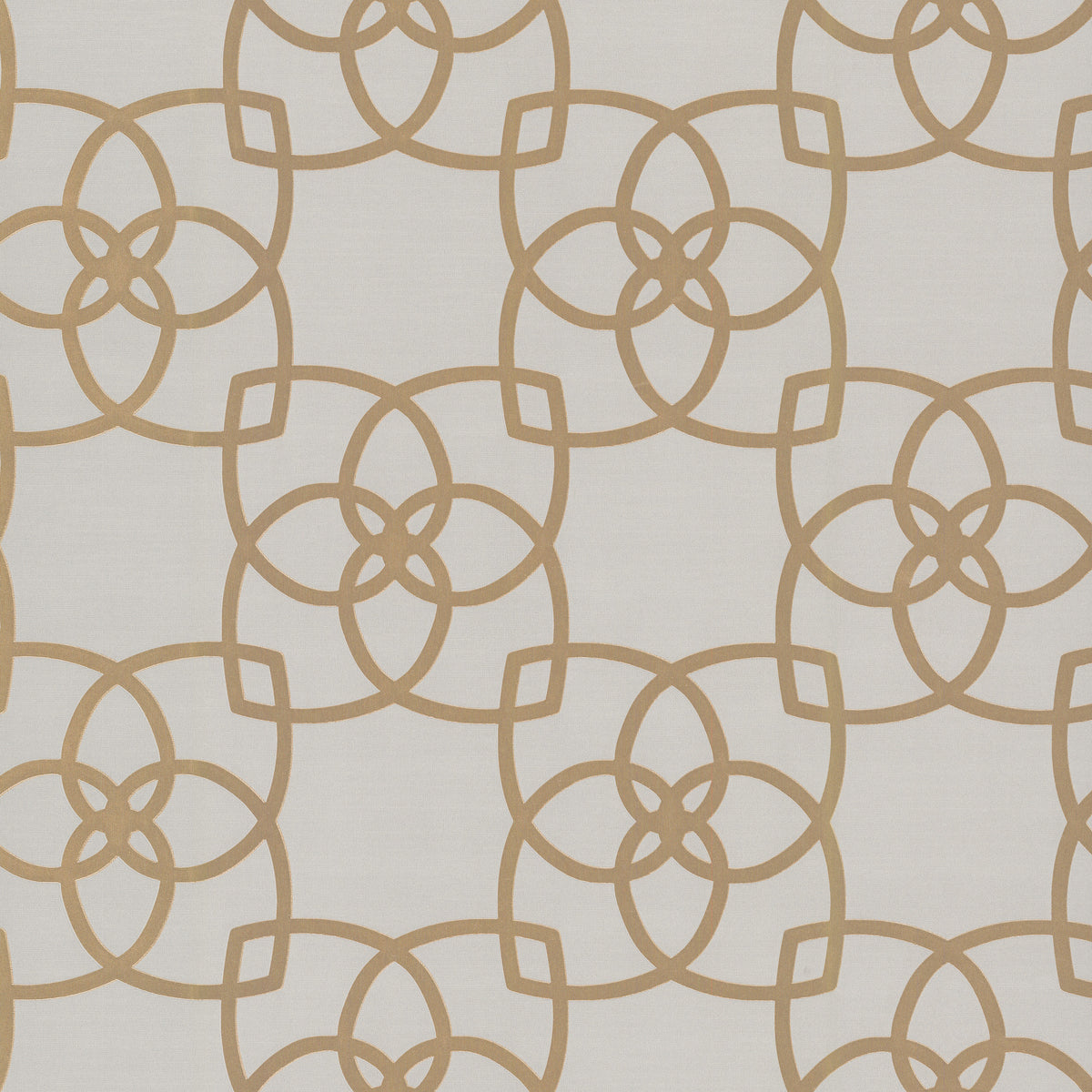 The Serendipity Wallpaper by York Wallcoverings features a symmetrical and repetitive pattern of interlocking tan geometric shapes forming a floral motif on a crisp white background, offering a modern and elegant look.