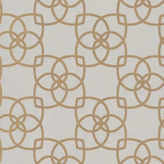 The Serendipity Wallpaper by York Wallcoverings features an evenly repeating, seamless pattern of interlocking gold geometric shapes reminiscent of floral motifs, set against a light beige background for a decorative and symmetrical look.