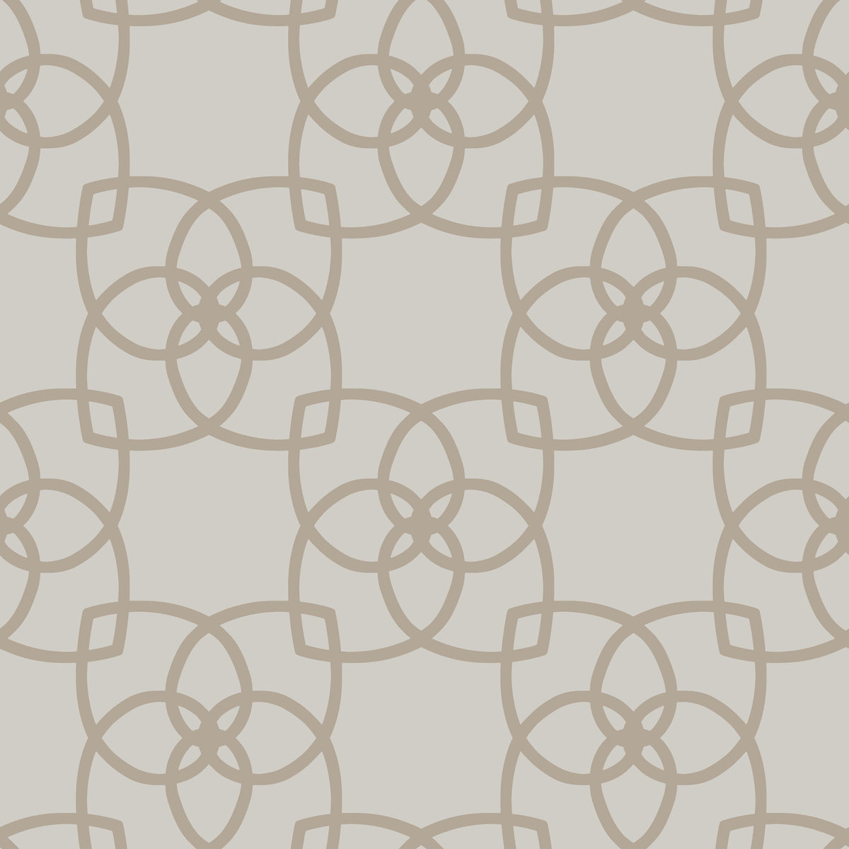 The Serendipity Wallpaper by York Wallcoverings features a seamless, symmetrical design of interlocking circles and rounded squares in a beige geometric pattern on a white background, creating a decorative and modern look.
