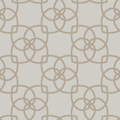 The Serendipity Wallpaper by York Wallcoverings features a seamless, symmetrical design of interlocking circles and rounded squares in a beige geometric pattern on a white background, creating a decorative and modern look.