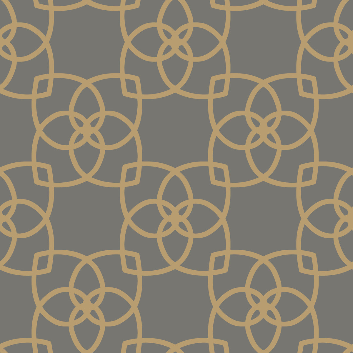 The Serendipity Wallpaper by York Wallcoverings features a symmetrical, seamless pattern of interlocking gold geometric shapes forming a floral motif on a dark gray background, creating a modern and decorative look.