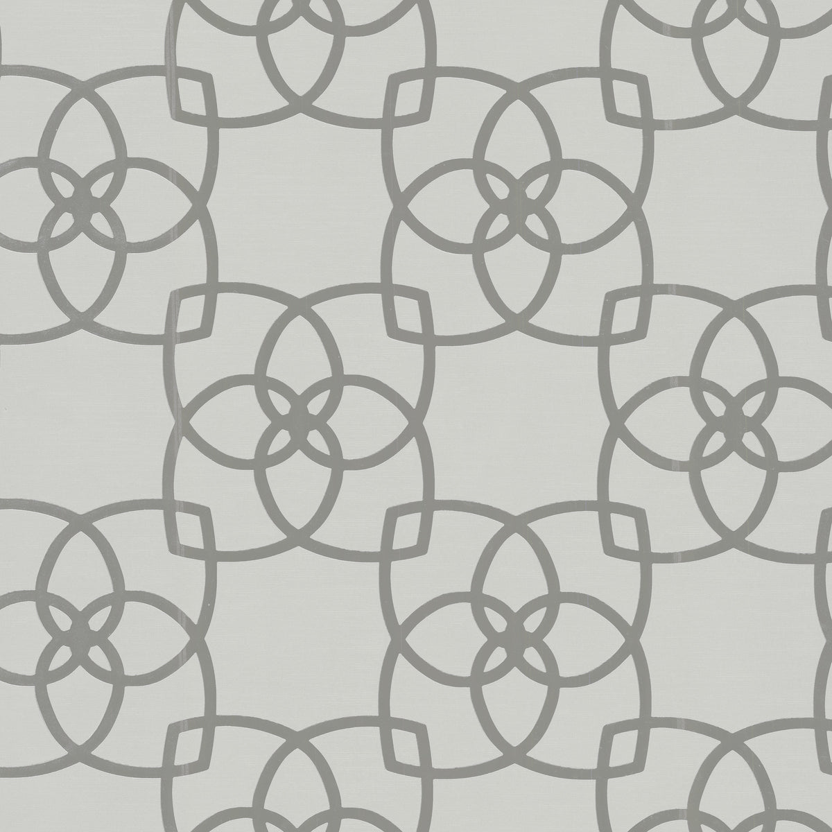 The Serendipity Wallpaper by York Wallcoverings features a modern, abstract design with a repeating pattern of interlocking gray circles and geometric shapes on a white background.