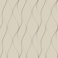 Wavy Stripe Wallpaper by York Wallcoverings features a beige background adorned with a repeating pattern of abstract, flowing wavy vertical lines in light brown and gray.