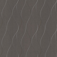 The Wavy Stripe Wallpaper by York Wallcoverings features a dark background accented with thin, wavy vertical lines in varying shades of gray and brown, creating a repeating abstract pattern.