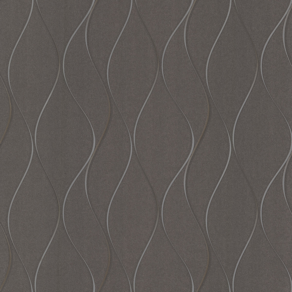 Wavy Stripe Wallpaper by York Wallcoverings features a dark gray background adorned with thin, wavy vertical lines in light gray and brown, creating a repetitive, flowing abstract pattern.