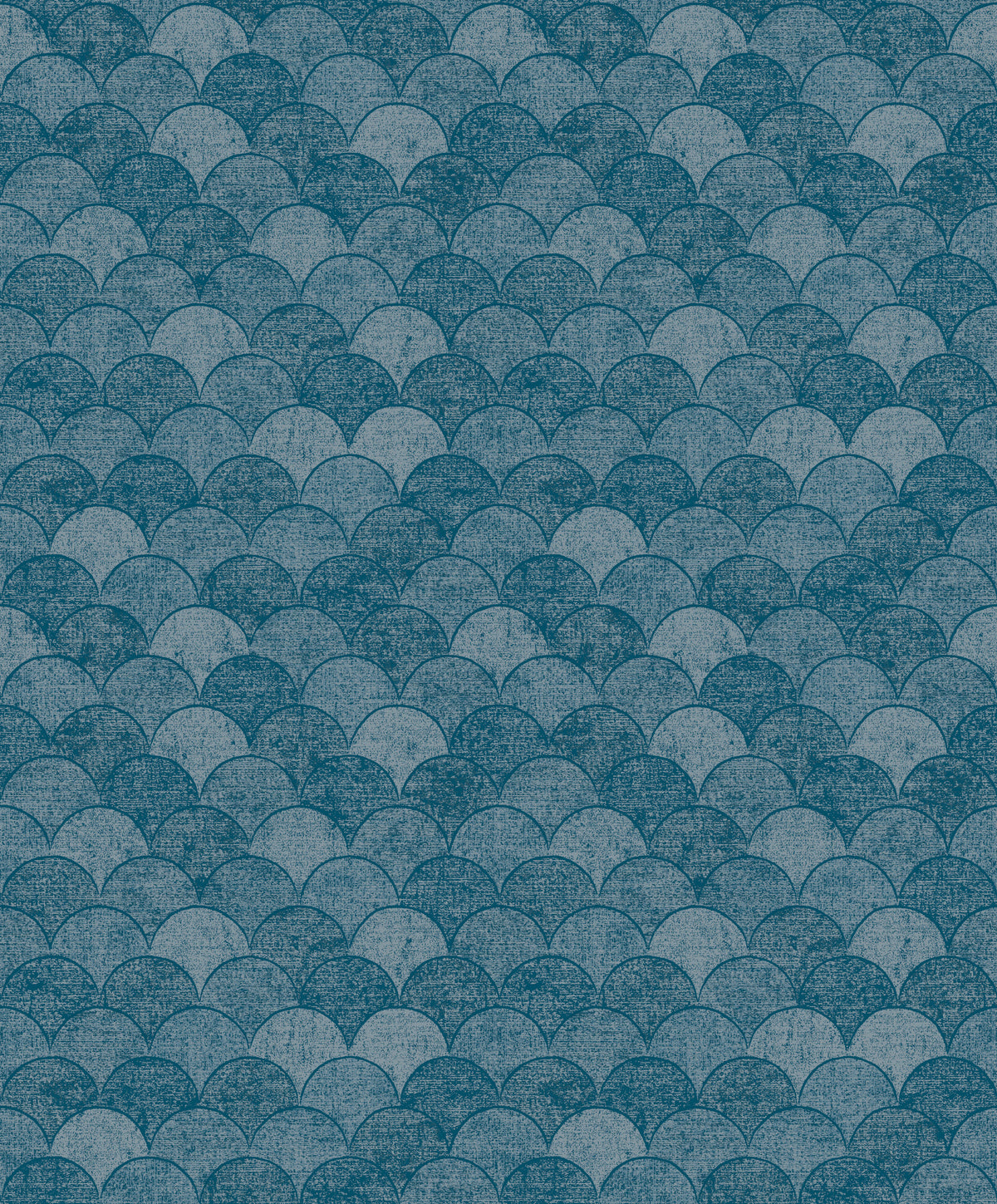 Mermaid Scales Wallpaper by York Wallcoverings features a repeating pattern of overlapping teal and blue semi-circles, resembling scales or stylized waves with a subtle textured effect.