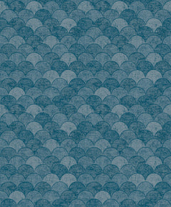 Mermaid Scales Wallpaper by York Wallcoverings features a repeating pattern of overlapping teal and blue semi-circles, resembling scales or stylized waves with a subtle textured effect.