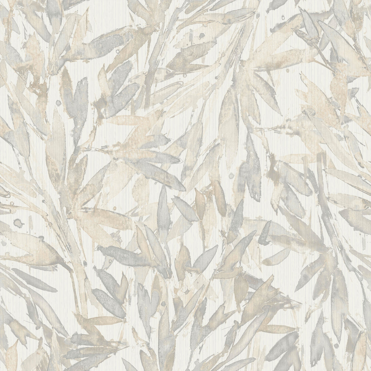 Rainforest Leaves Wallpaper by York Wallcoverings features subtle watercolor leaves in soft beige, gray, and cream tones overlapping on a white textured background for a gentle botanical look.