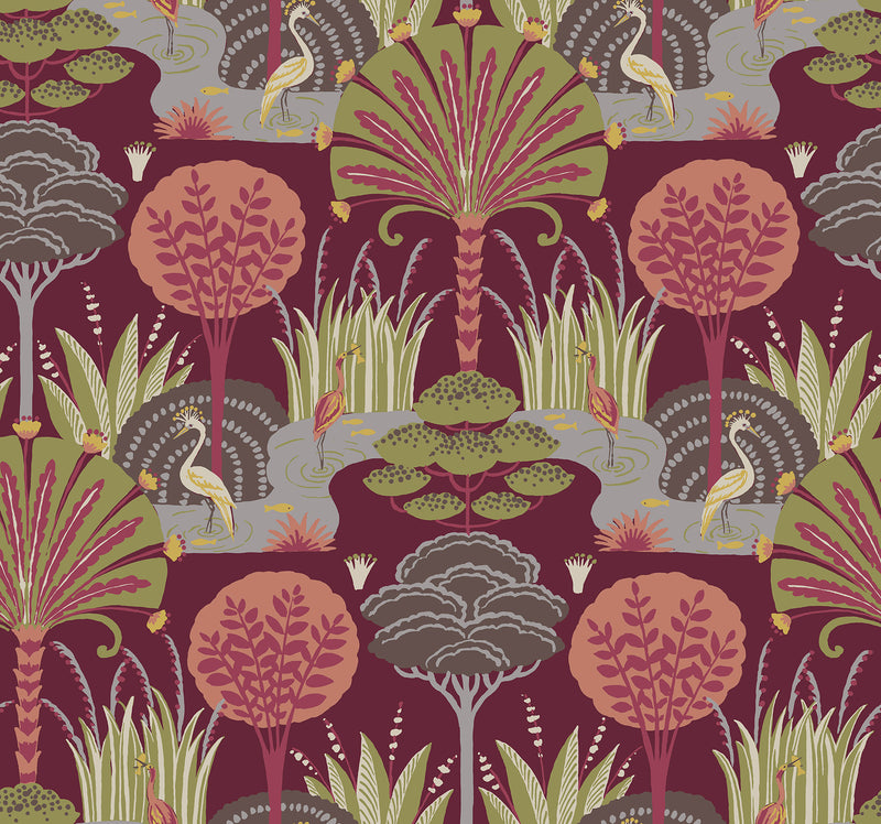 Mandeville Multicolor Tropical Paradise Wallpaper by Scott Living Wallpaper A-Street Prints Double Roll Rasberry 