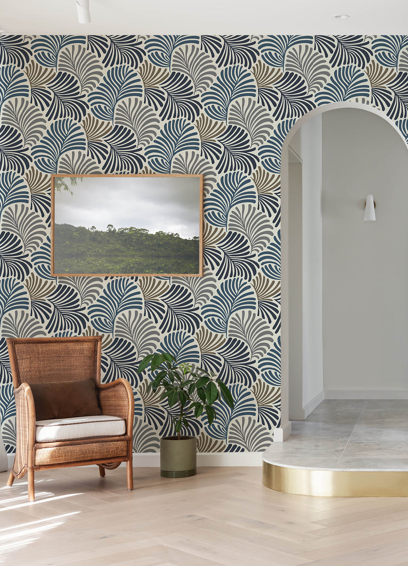 Trousdale Dark Blue Fanning Flora Wallpaper by Scott Living Wallpaper A-Street Prints   