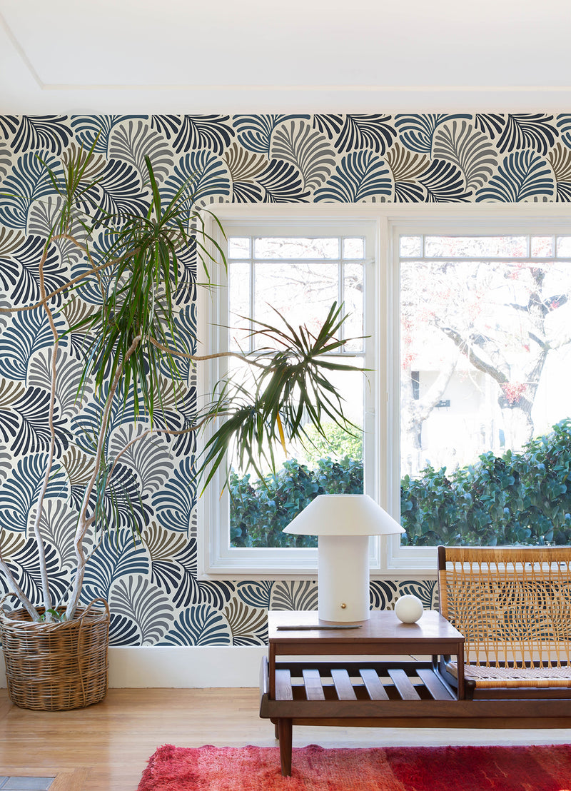 Trousdale Dark Blue Fanning Flora Wallpaper by Scott Living Wallpaper A-Street Prints   