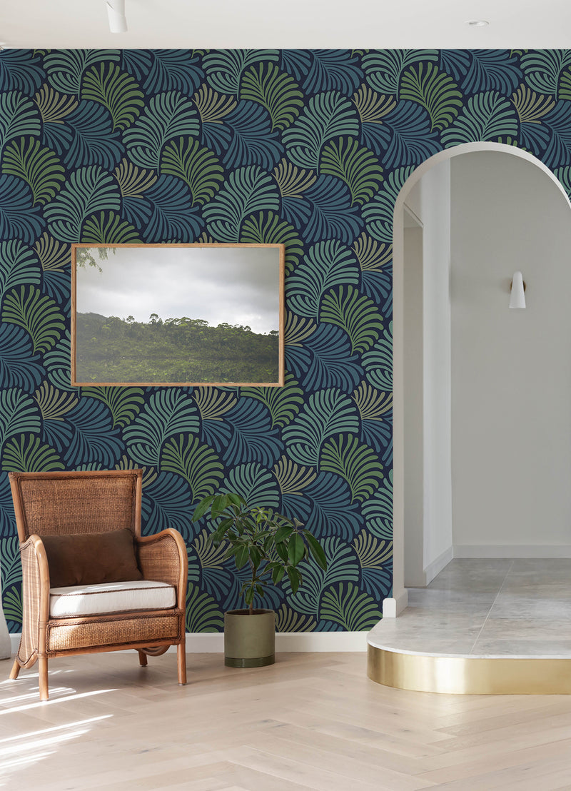 Trousdale Dark Blue Fanning Flora Wallpaper by Scott Living Wallpaper A-Street Prints   