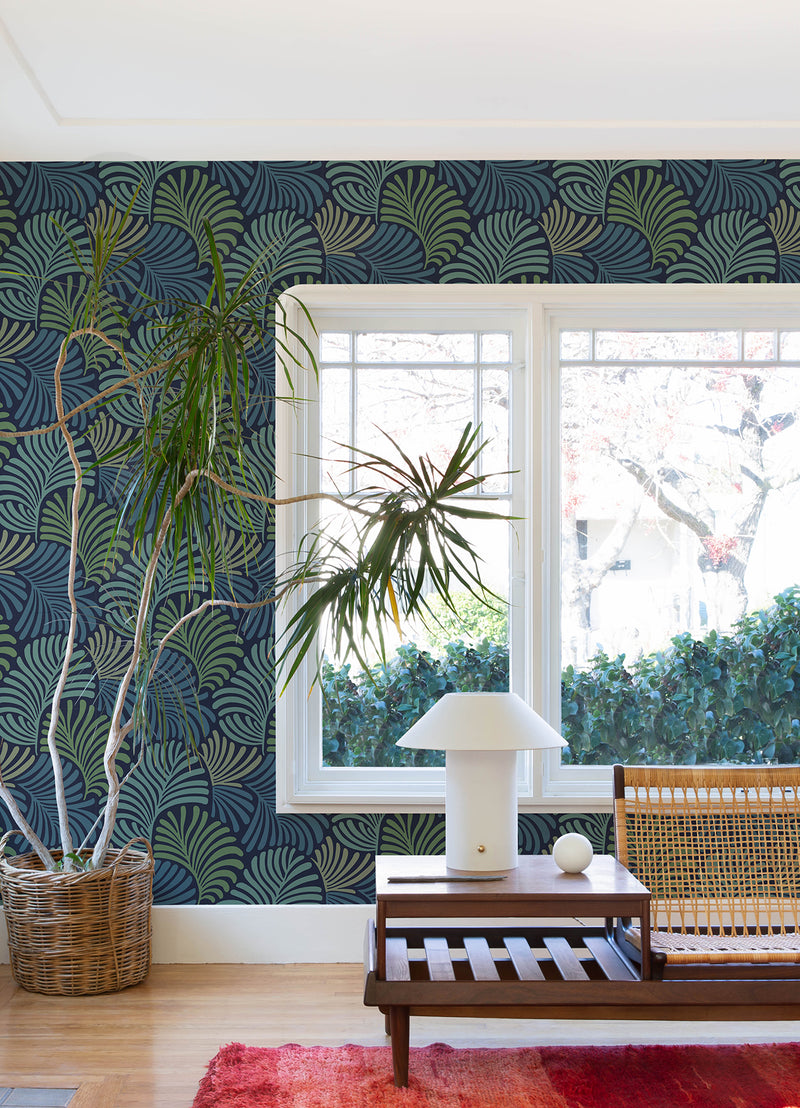 Trousdale Dark Blue Fanning Flora Wallpaper by Scott Living Wallpaper A-Street Prints   