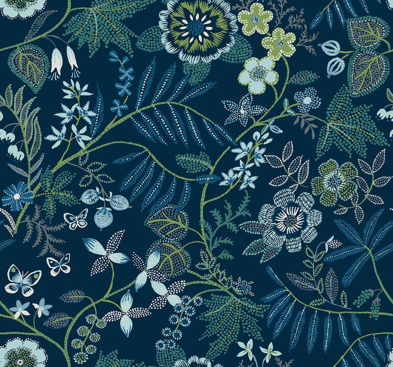 Marilyn Dark Blue Floral Trail Wallpaper by Scott Living Wallpaper A-Street Prints Double Roll Dark Blue 