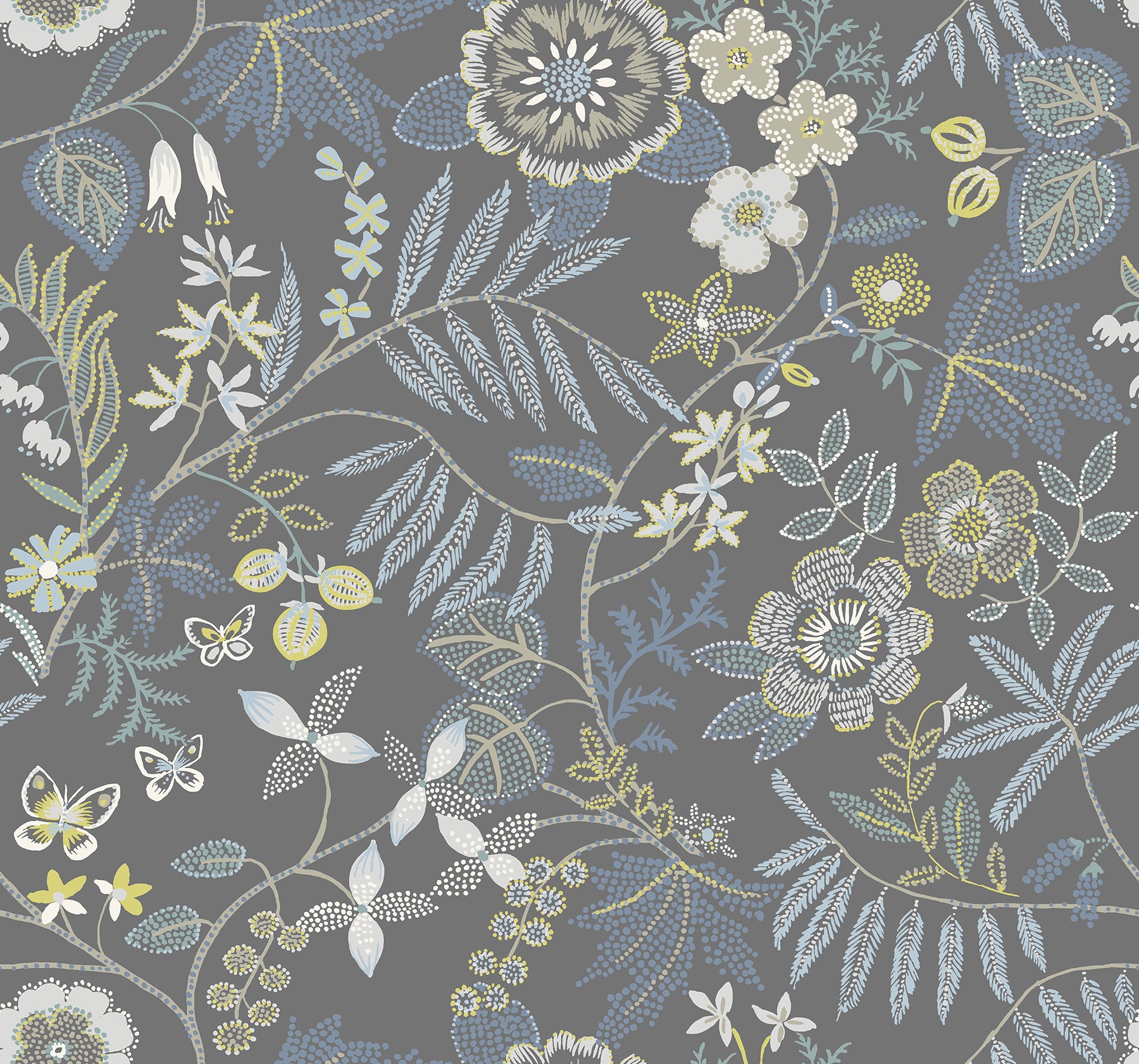 Marilyn Dark Blue Floral Trail Wallpaper by Scott Living Wallpaper A-Street Prints Double Roll Light Grey 