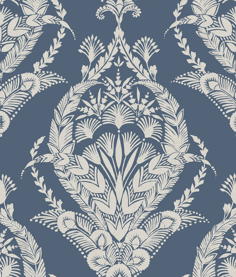 Arlie Evergreen Botanical Damask Wallpaper Wallpaper A-Street Prints Double Roll Indigo 