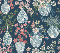 Harper Brown Floral Vase Wallpaper Wallpaper A-Street Prints Double Roll Teal 