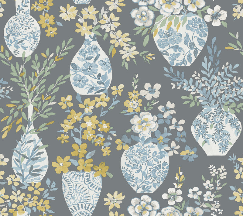 Harper Brown Floral Vase Wallpaper Wallpaper A-Street Prints Double Roll Grey 