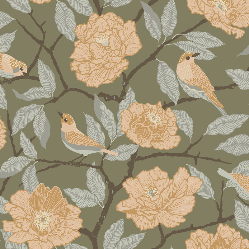 Bernadina Grey Rosebush Wallpaper Wallpaper A-Street Prints Double Roll Moss 