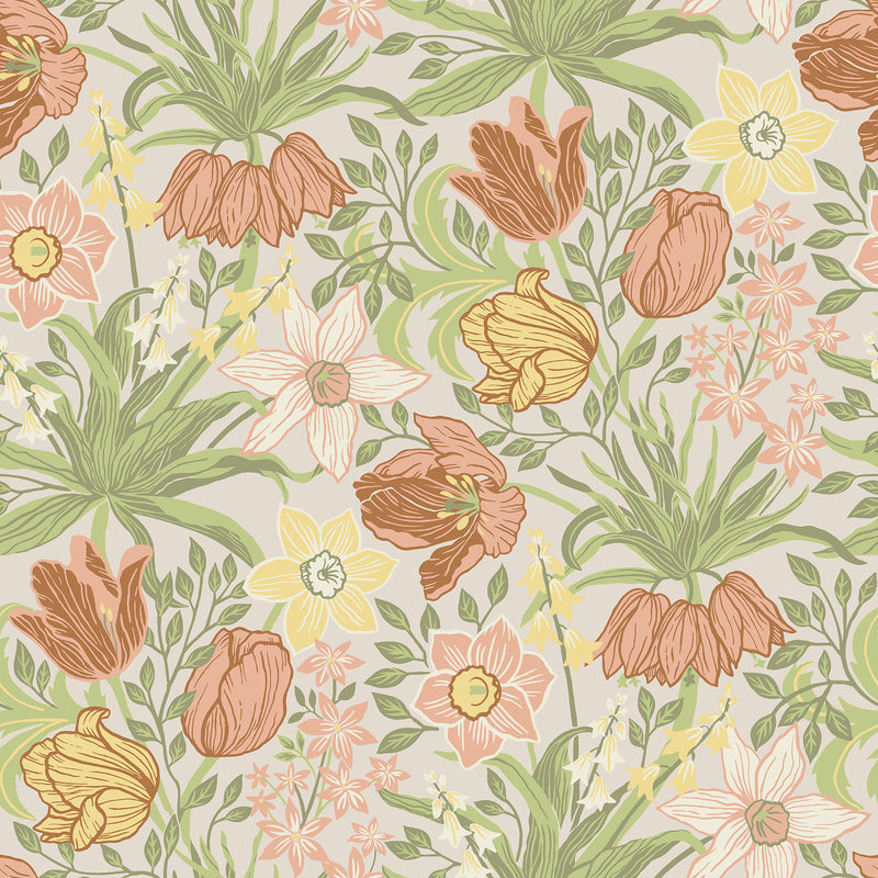 Cecilia Chartreuse Tulip and Daffodil Wallpaper Wallpaper A-Street Prints Double Roll Chartreuse 