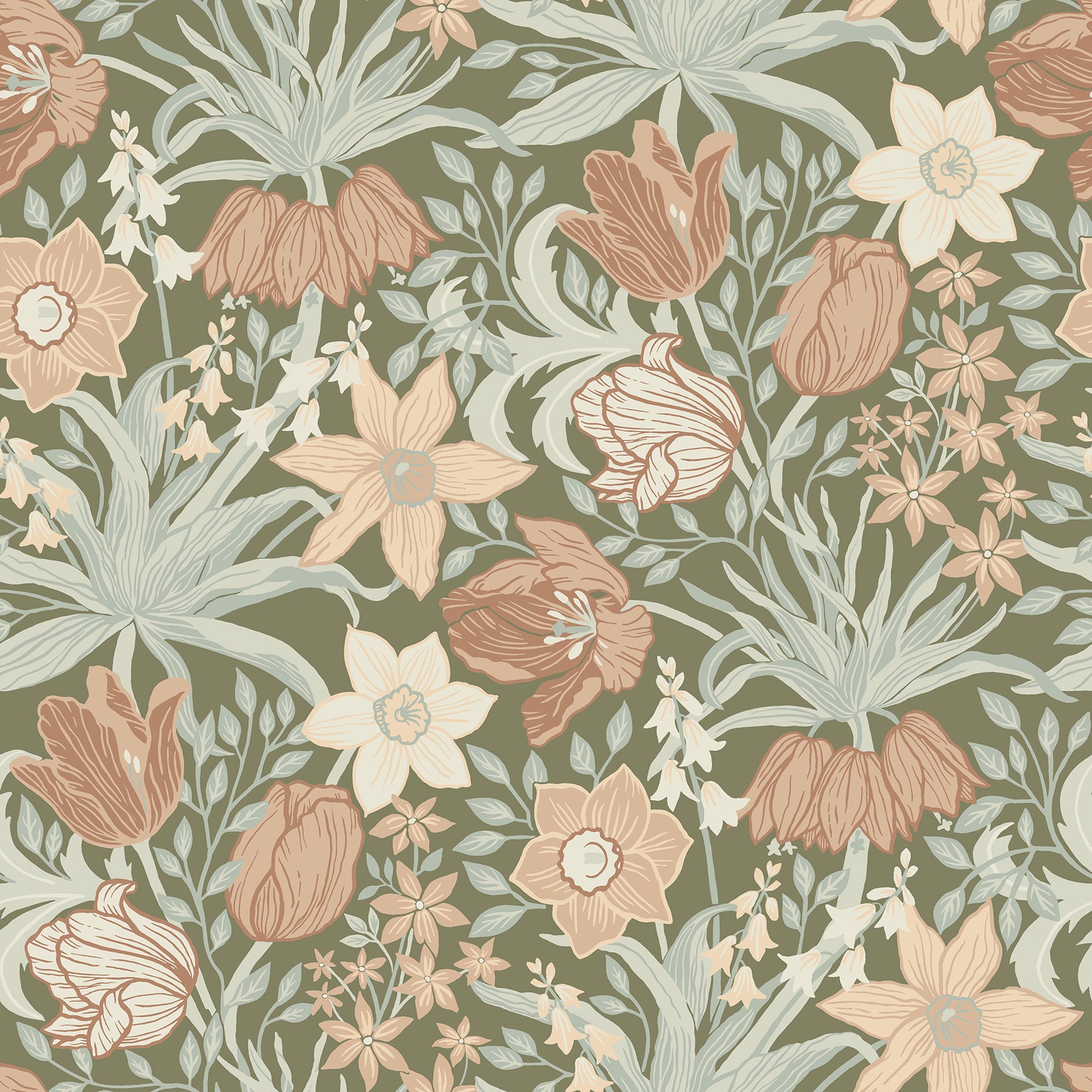 Cecilia Chartreuse Tulip and Daffodil Wallpaper Wallpaper A-Street Prints Double Roll Moss 