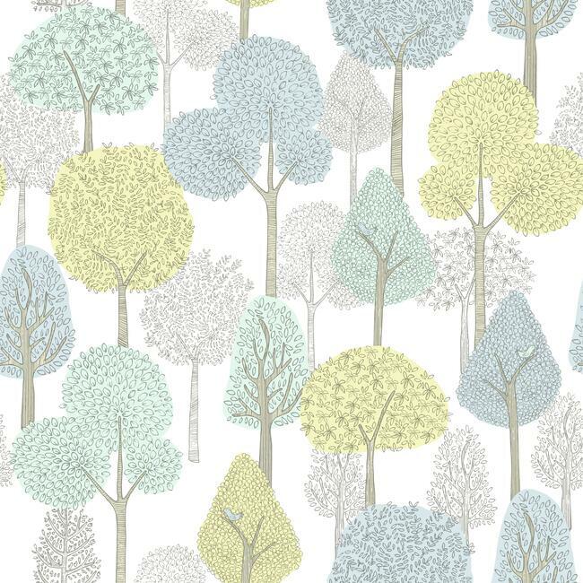 DwellStudio Treetops Premium Peel + Stick Wallpaper Peel and Stick Wallpaper York Roll Aqua/Yellow 