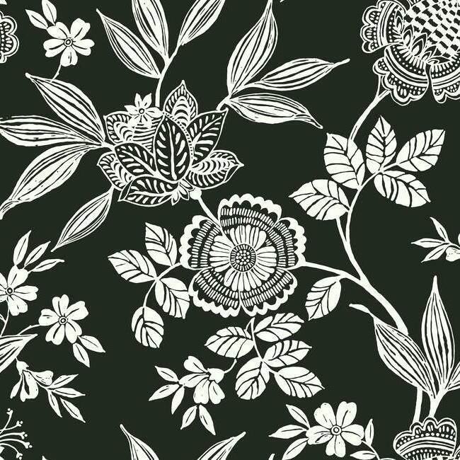 Wood Cut Jacobean Wallpaper Wallpaper York Double Roll Black & White 